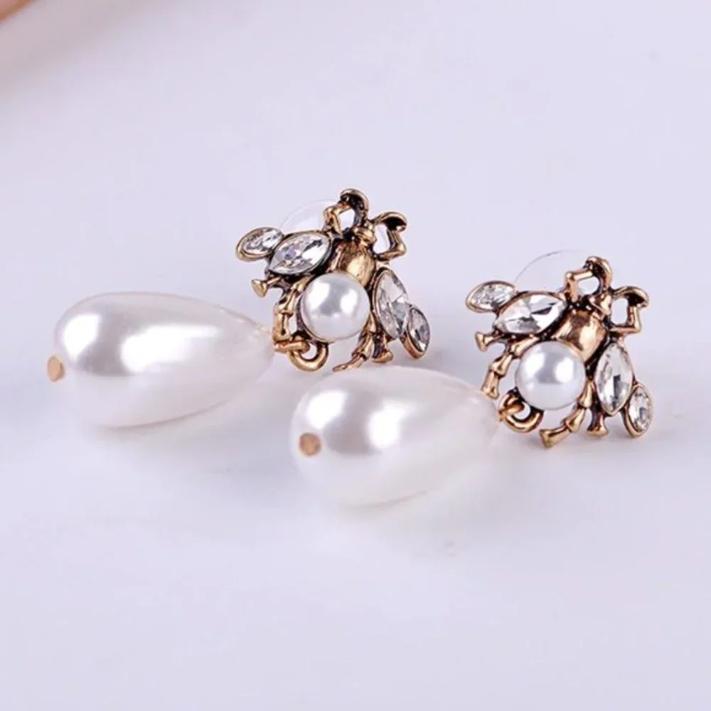 Anthropologie Vintage Insect pearl drop earrings